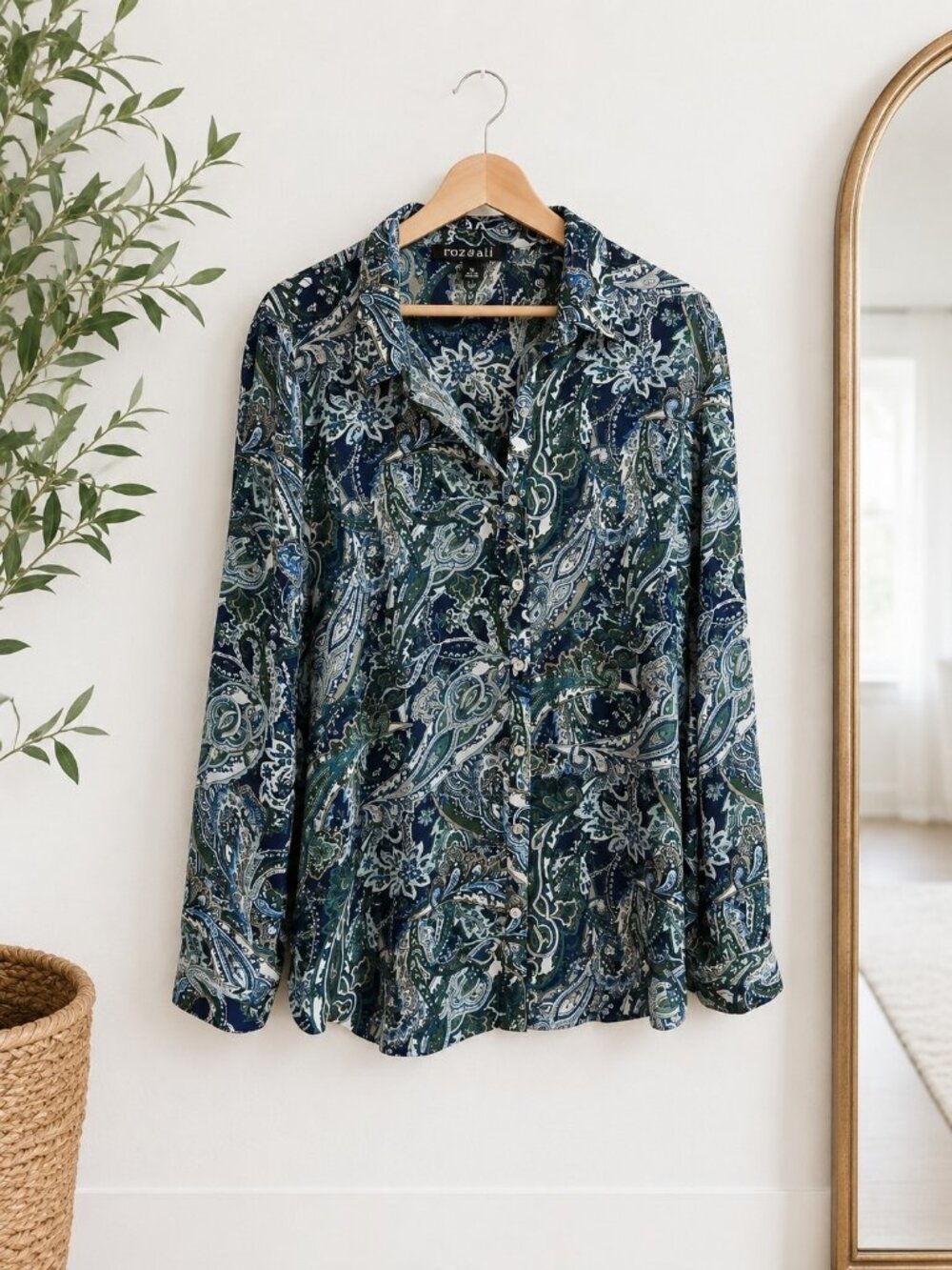 Roz & Ali Women's Paisley Button-Up Top Blue Green Beige Collared Long Sleeve L - Picture 2 of 11